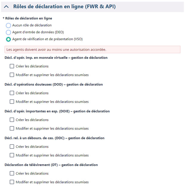 Section 'Rôles de déclaration en ligne' avec options de rôles, autorisations pour différents types de déclarations, et un message d'erreur.