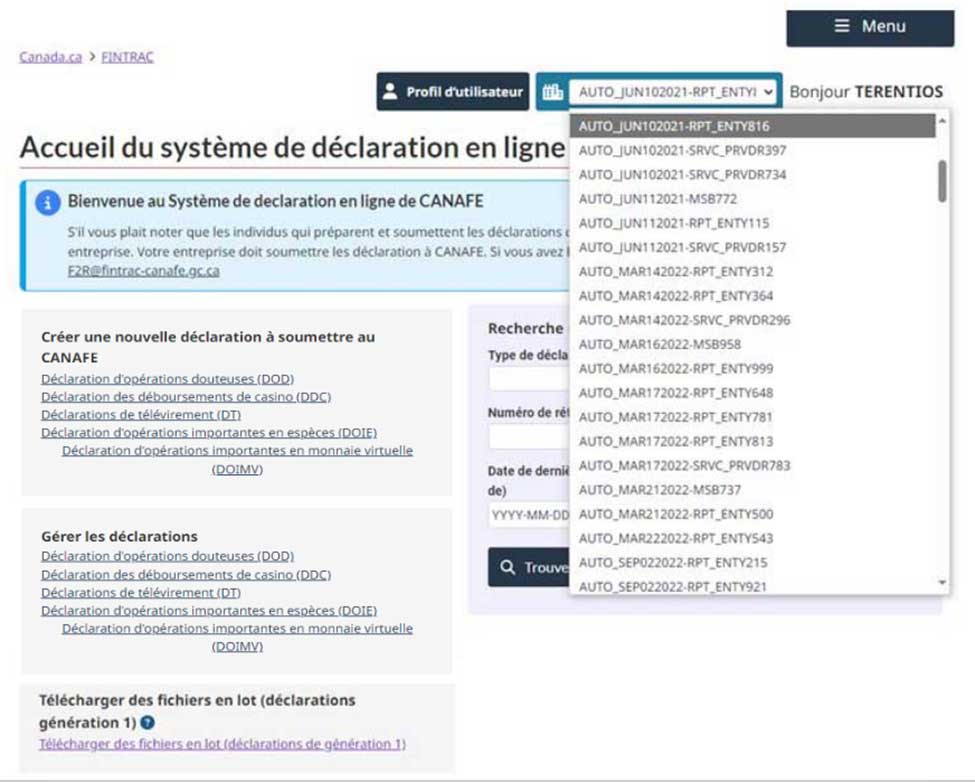 Accueil CANAFE avec menu déroulant de rapports, bannières Bienvenue en bleu et options pour créer/gérer des déclarations et recherche rapide.